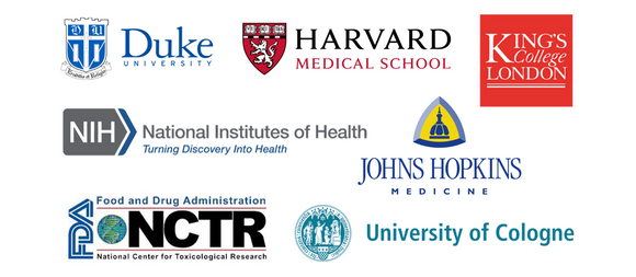 Logos for Duke University, Harvard Medical School, King's College London, National Institutes of Health, Johns Hopkins Medicine, FDA National Center for Toxicological Research, University of Cologne 